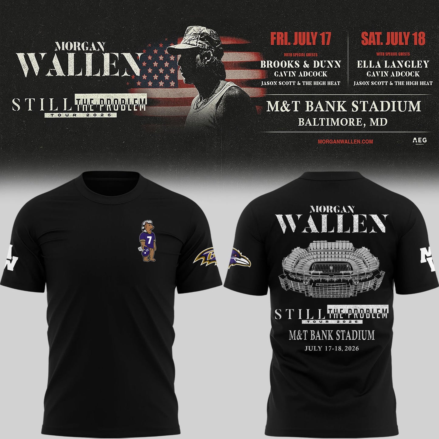 1.Special New Edition Baltimore Ravens x Morgan Wallen Black T-shirt 2026