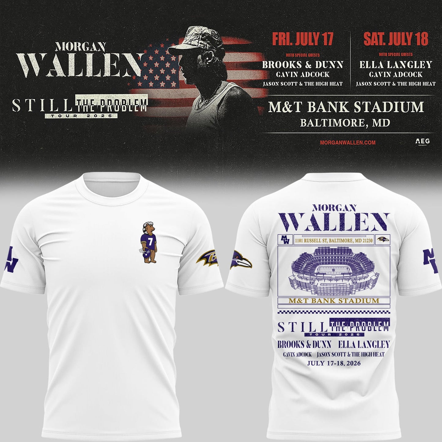 Special New Edition Baltimore Ravens x Morgan Wallen White T-shirt 2026