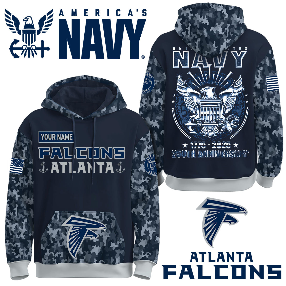 Atlanta Falcons x U.S Navy 250th Birthday Anniversary-3D Unisex Hoodie