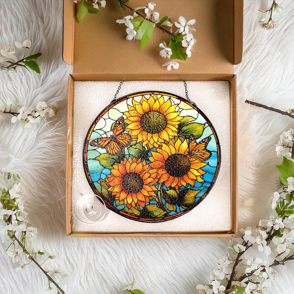 Sunflower Stained Glass Suncatcher Window Hanging,Sunflower Ornament For Garden Lovers,Perfect Gift For Mom,Grandma,Mother Day,Natural Lover