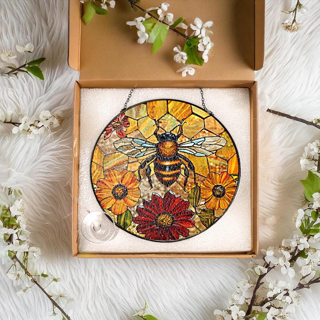 Honey Bee Sunflower Stained Glass Suncatcher Window Hanging,Honeybee Gift For Garden Lovers,Bee Stained Glass Suncatcher,Grandma Nana Gift