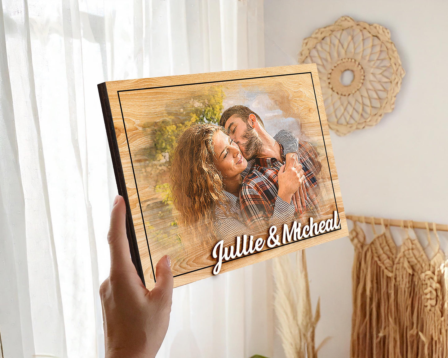 Custom Photo Frame,Photo on Wood with Watercolor Style,Couple Picture Frame Anniversary Wedding,Portrait from Photo,Long Distance Gift