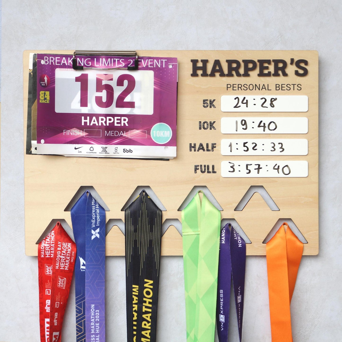 Running Medal Holder and Personal Bests Display Board | Personal Bests Chalkboard | Running Medal and Bib Display Rack | Gifts for Runners