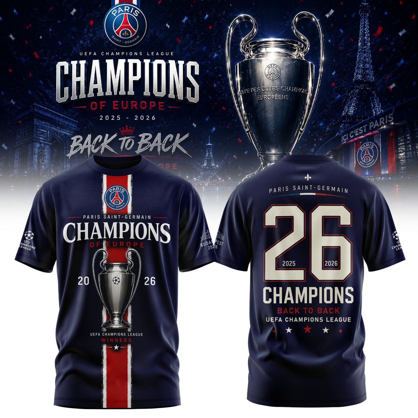 PSG Winner Back to Back UEFA Champions League 2026 Champions Tshirt