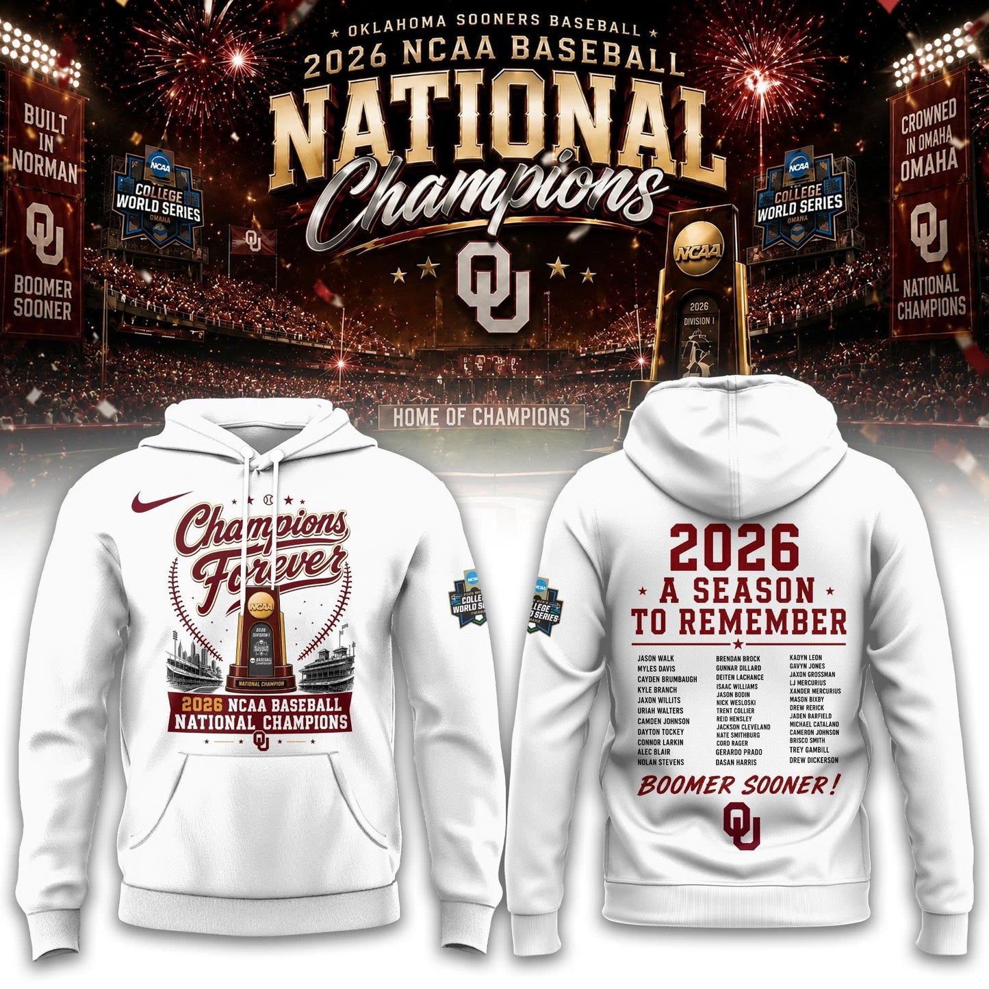 Oklahoma NCAA Basbeball Champions ’26 Limited Edition White Hoodie v2