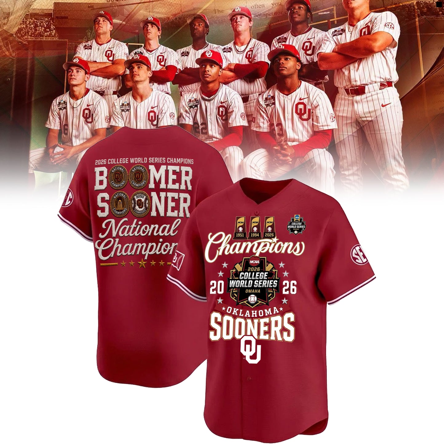Limited Edition Oklahoma Baseball 2026 National Champions Baseball Jersey