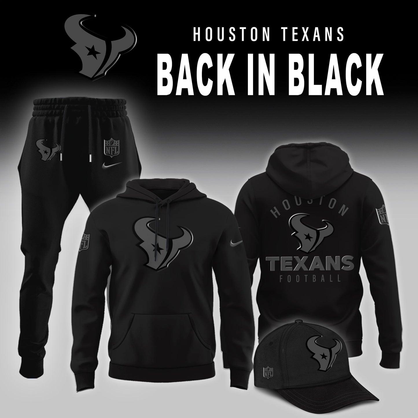 Houston Texans 2025 Back In Black Edition Hoodie Jogger And AF1 Low Top Sneaker For Fan