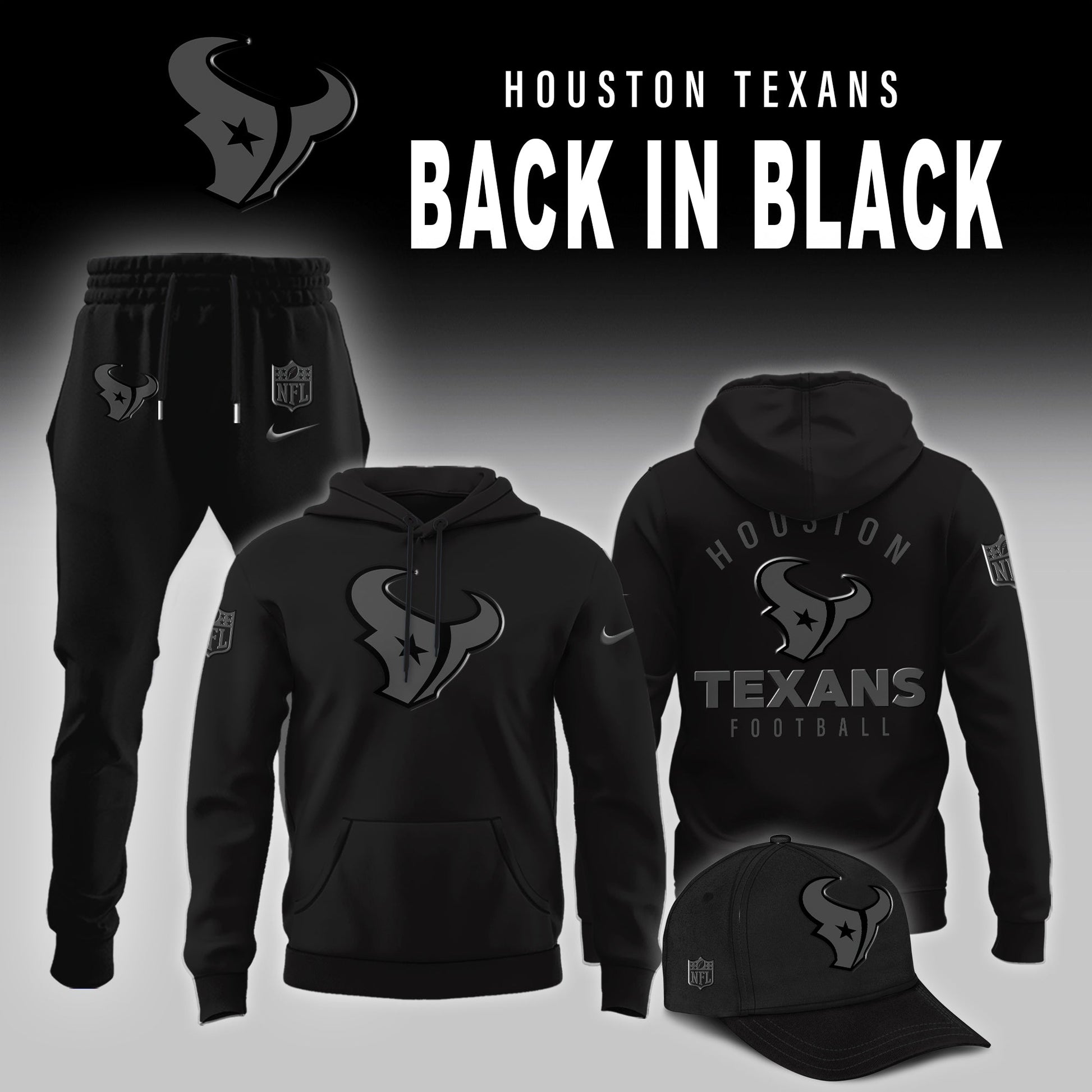 Houston Texans 2025 Back In Black Edition Hoodie Jogger And AF1 Low Top Sneaker For Fan