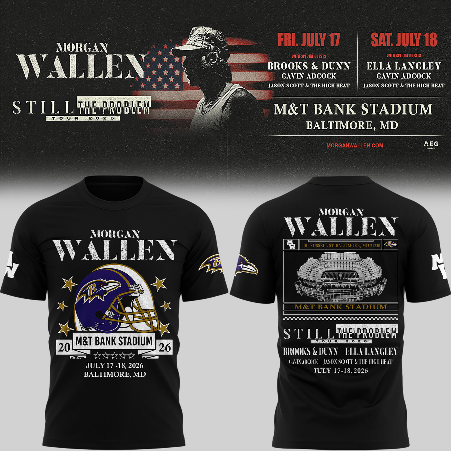 Exclusive Version Baltimore Ravens x Morgan Wallen Black T-shirt 2026