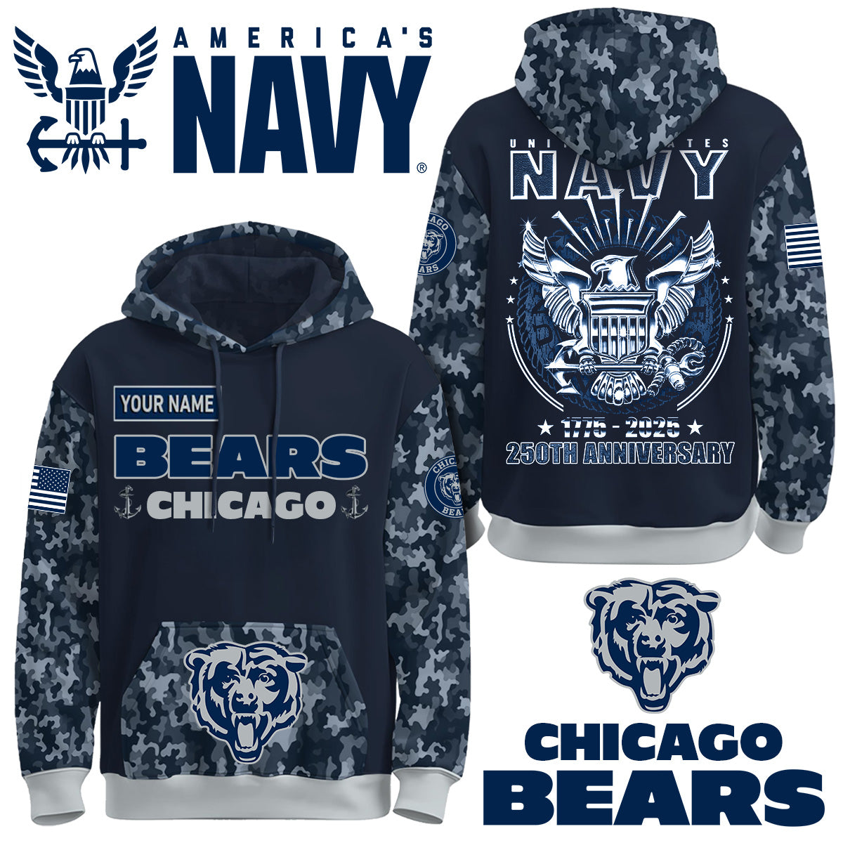 Chicago Bears x U.S Navy 250th Birthday Anniversary-3D Unisex Hoodie