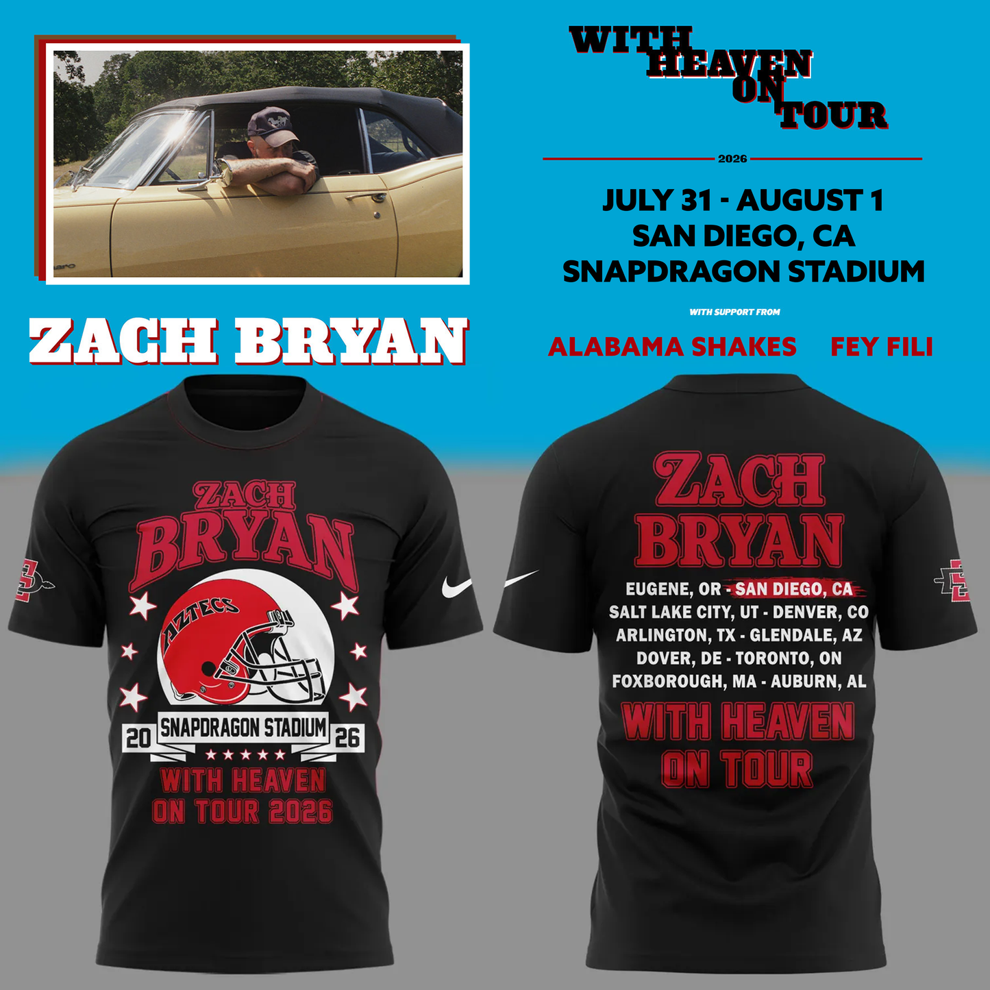 01.06. Black Shirt Zach Bryan x San Diego State Football - With Heaven On Tour 2026 T-Shirt