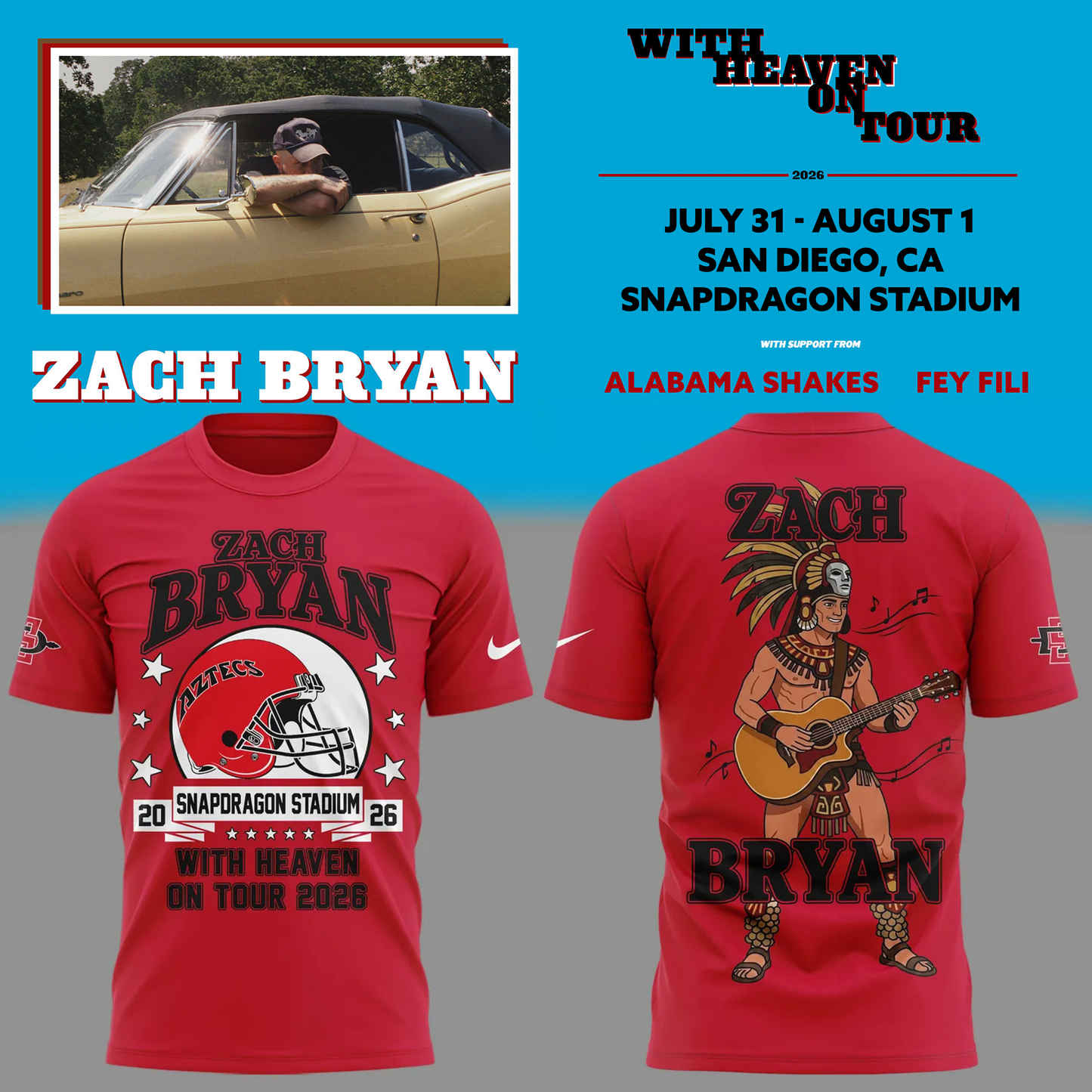 01.10. Limited Edition Zach Bryan x San Diego State Football - With Heaven On Tour 2026 T-Shirt