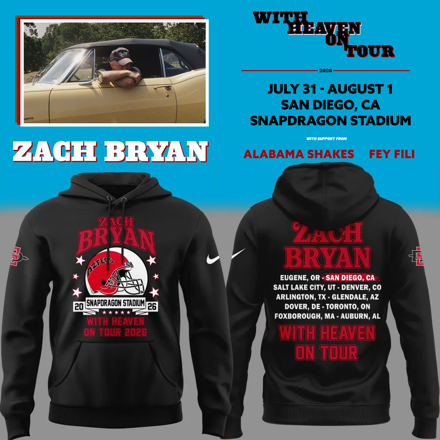02. New Hoodie Zach Bryan x San Diego State Football - With Heaven On Tour 2026 Hoodie (Copy)