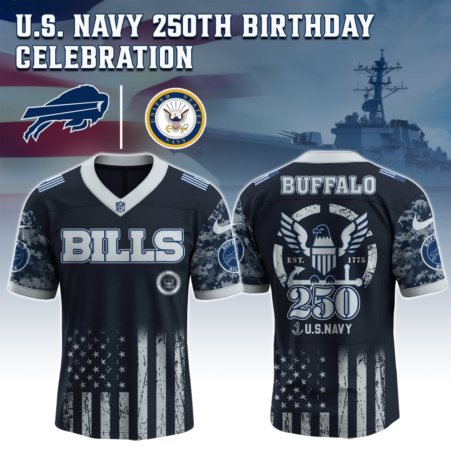 Buffalo Bills x U.S. NAVY 250TH Birthday Special Edition Jersey - Tycheco