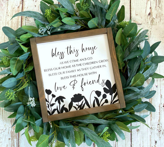 Bless This House Wood Sign, Farmhouse  Decor, Housewarming Gift, Flowered Sign, Bless Our Home, Rustic Wood Sign