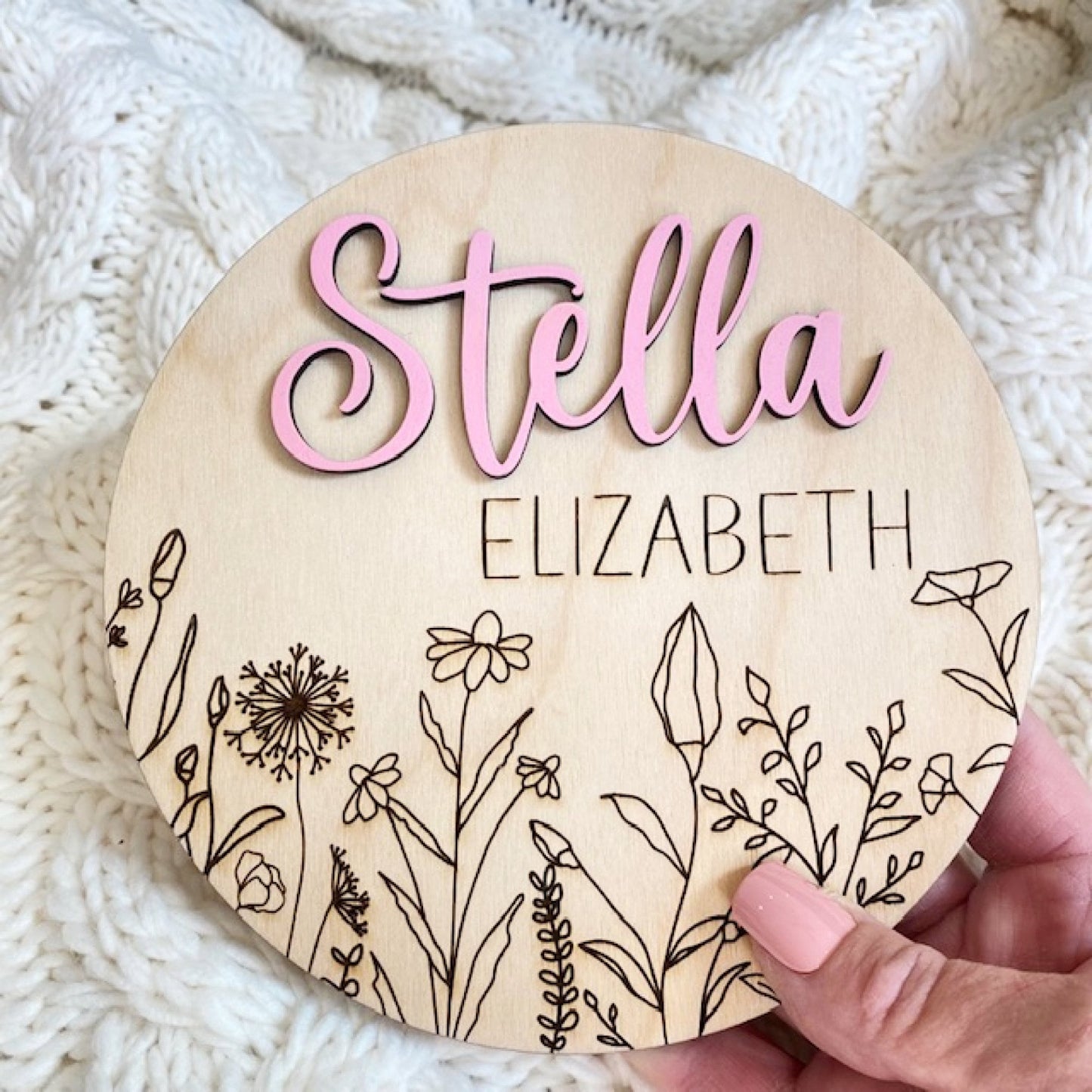 Baby Birth Announcement Sign for First Photos, Baby Shower Gift, Nursery Decor, Engraved Wildflower Sign, Baby Birth Photo Prop Sign