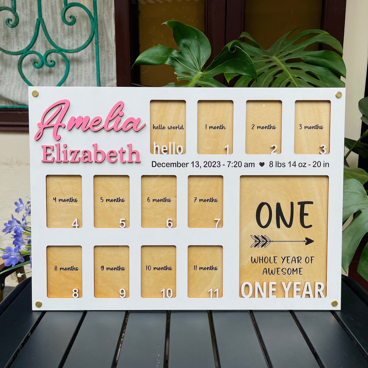 Baby Birth through One Year Monthly Picture Frame Wall Art, Personalized Wooden Photo Frame for Baby