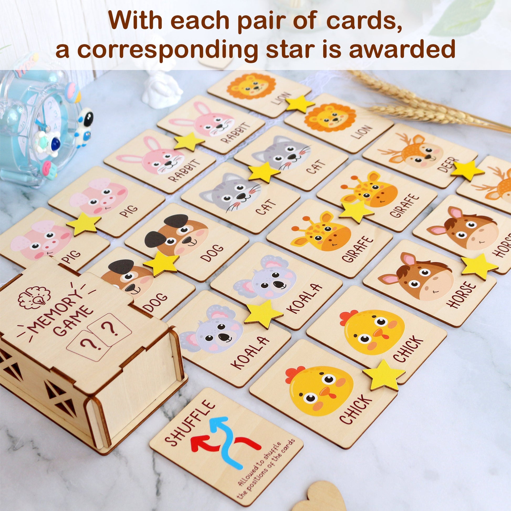 Wood Memory Game for Kids - Matching Cards - Wood Montessori Toys - Learning Toys For Toddlers - Farm Animals Matching Cards