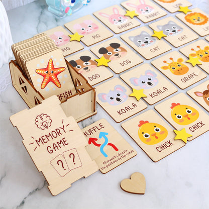 Wood Memory Game for Kids - Matching Cards - Wood Montessori Toys - Learning Toys For Toddlers - Farm Animals Matching Cards