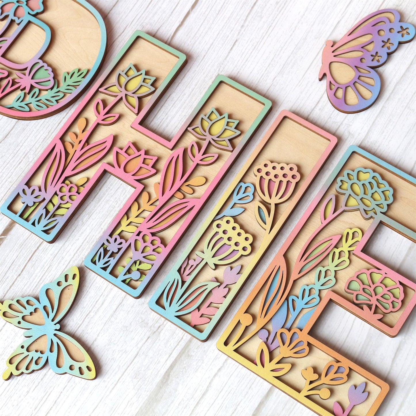 Wooden Nursery Name Sign Floral Rainbow Name Sign Wildflower Wall Letters Layered 3D Wall Art Nursery Decor Baby Girl Shower Gift