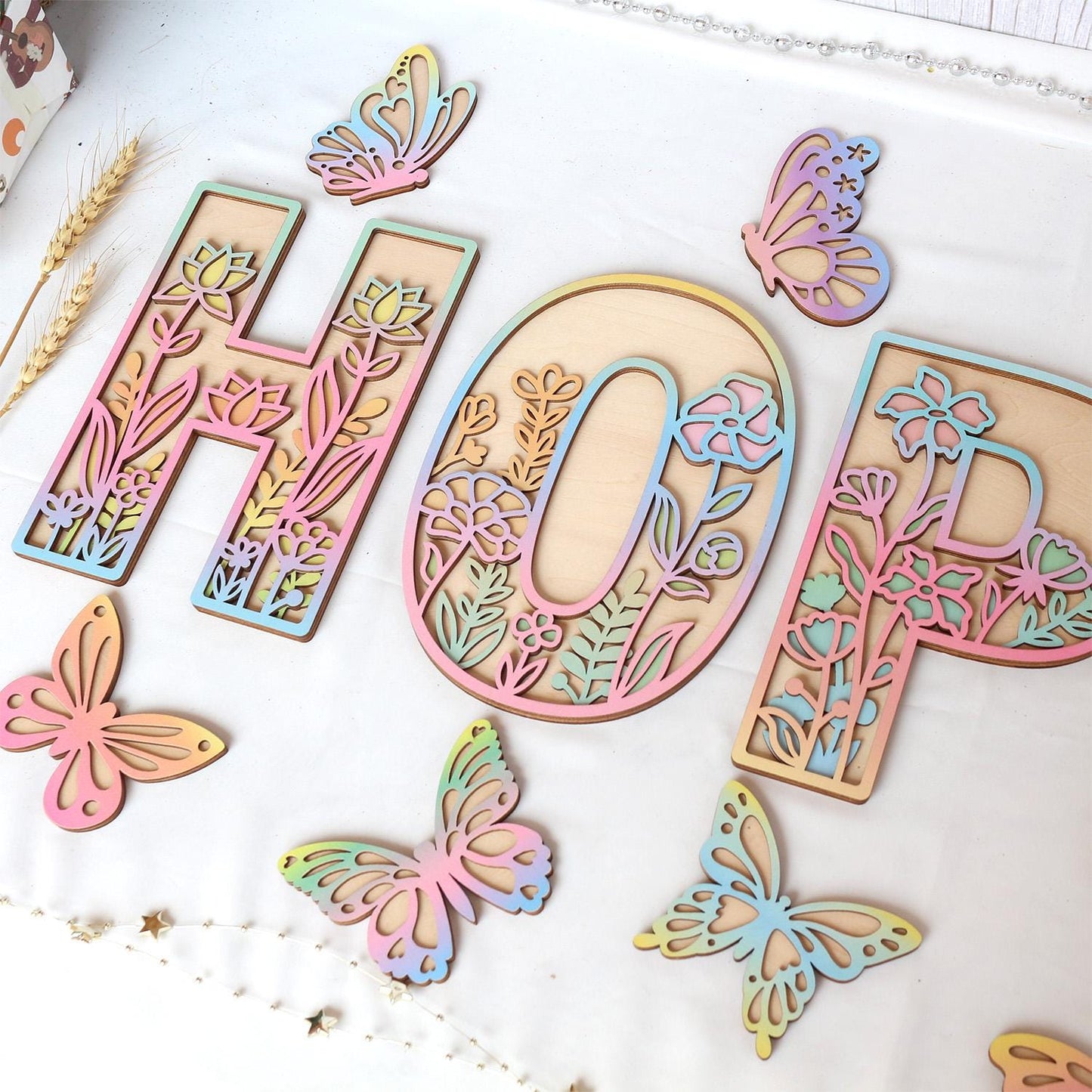 Wooden Nursery Name Sign Floral Rainbow Name Sign Wildflower Wall Letters Layered 3D Wall Art Nursery Decor Baby Girl Shower Gift