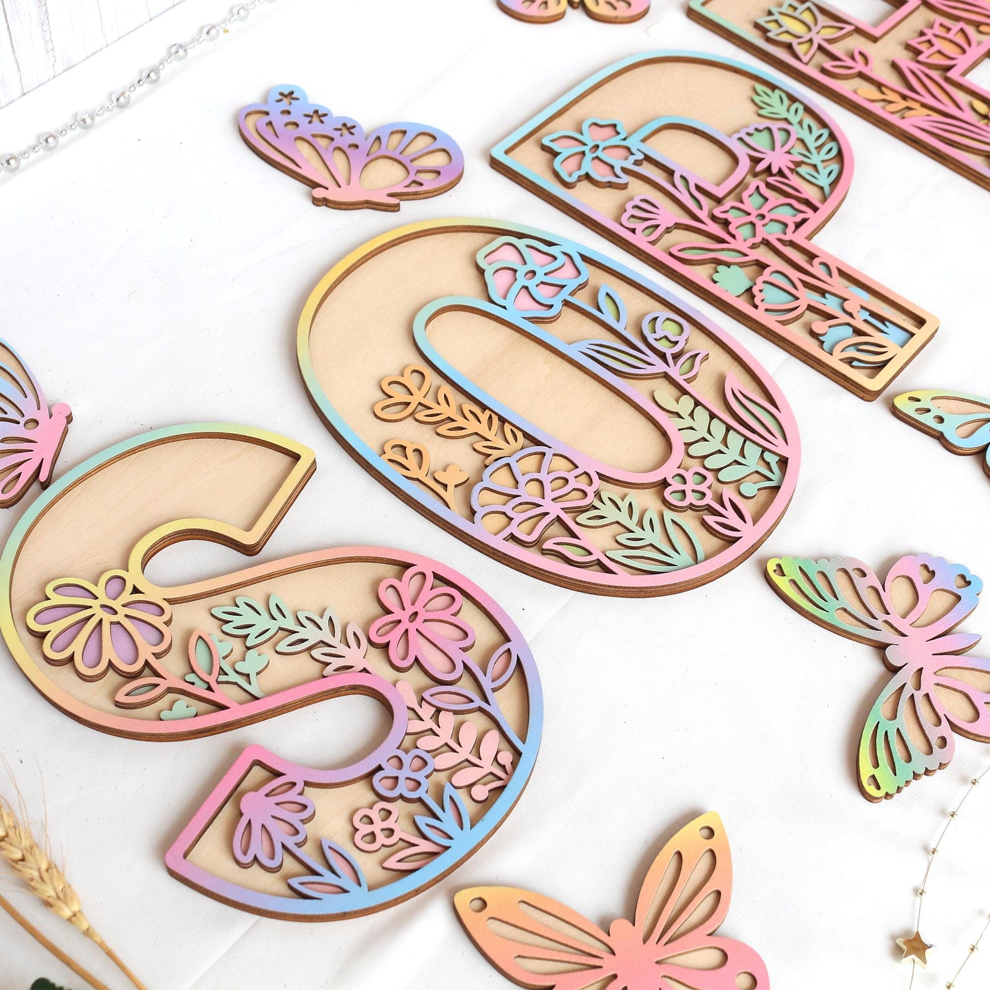 Wooden Nursery Name Sign Floral Rainbow Name Sign Wildflower Wall Letters Layered 3D Wall Art Nursery Decor Baby Girl Shower Gift