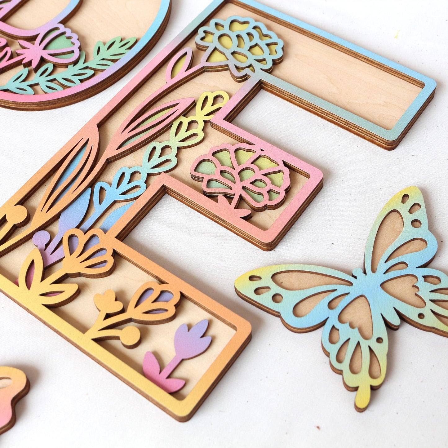 Wooden Nursery Name Sign Floral Rainbow Name Sign Wildflower Wall Letters Layered 3D Wall Art Nursery Decor Baby Girl Shower Gift