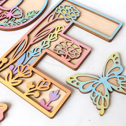 Wooden Nursery Name Sign Floral Rainbow Name Sign Wildflower Wall Letters Layered 3D Wall Art Nursery Decor Baby Girl Shower Gift