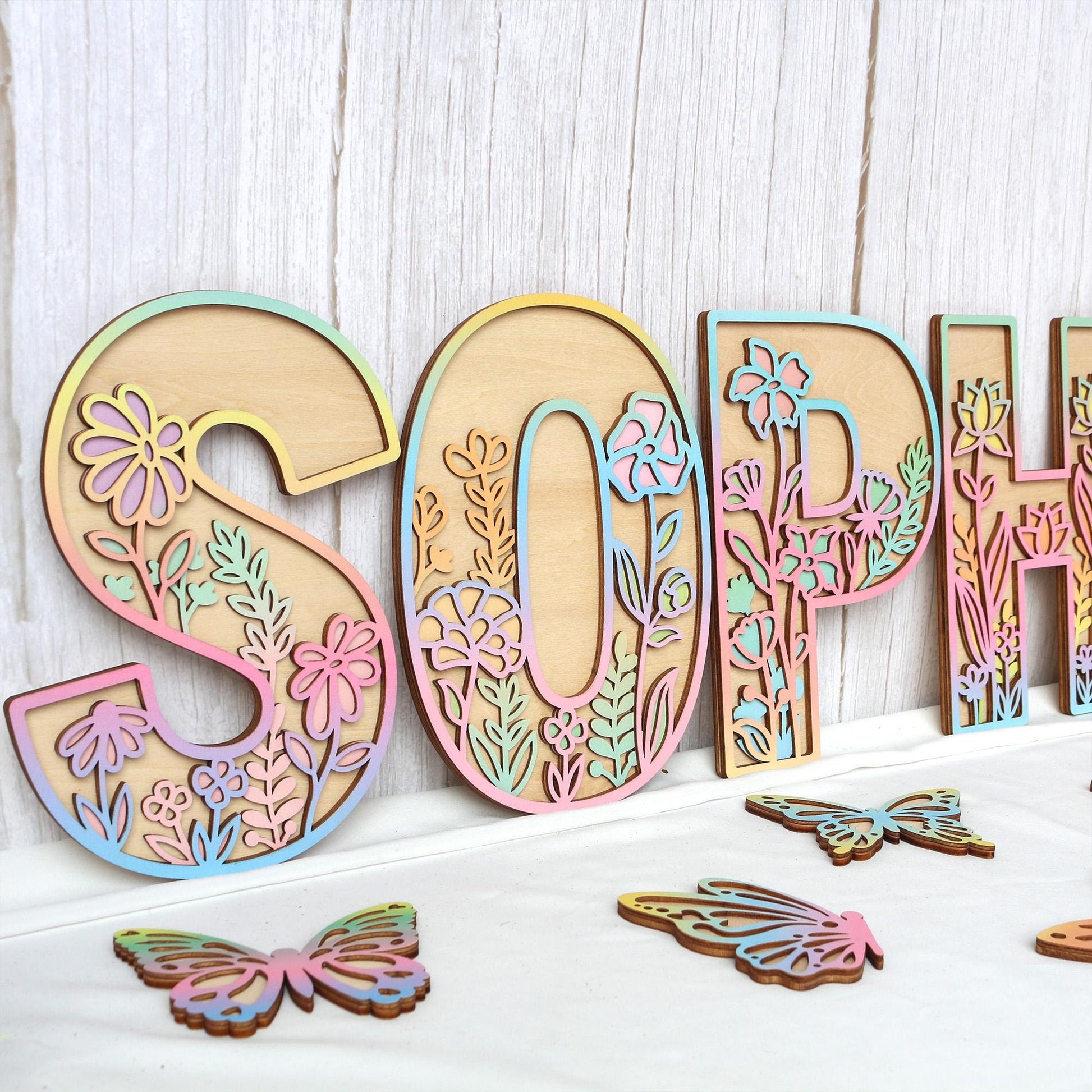 Wooden Nursery Name Sign Floral Rainbow Name Sign Wildflower Wall Letters Layered 3D Wall Art Nursery Decor Baby Girl Shower Gift