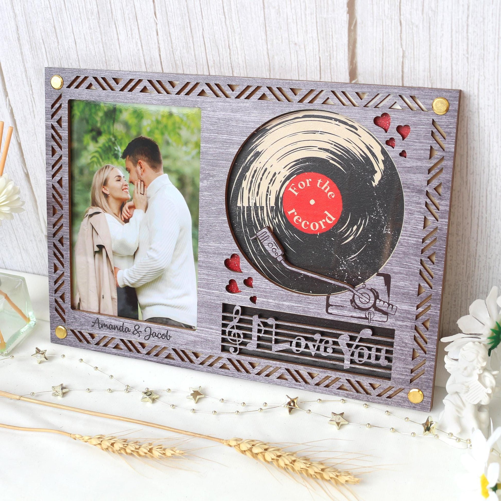 Wooden Picture Frame Personalized Photo Frame With Record Design, Unique Gift for Anniversary, Wedding Decor, Valentines Day
