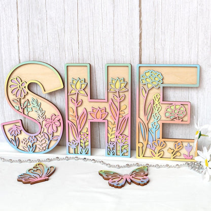 Wooden Nursery Name Sign Floral Rainbow Name Sign Wildflower Wall Letters Layered 3D Wall Art Nursery Decor Baby Girl Shower Gift