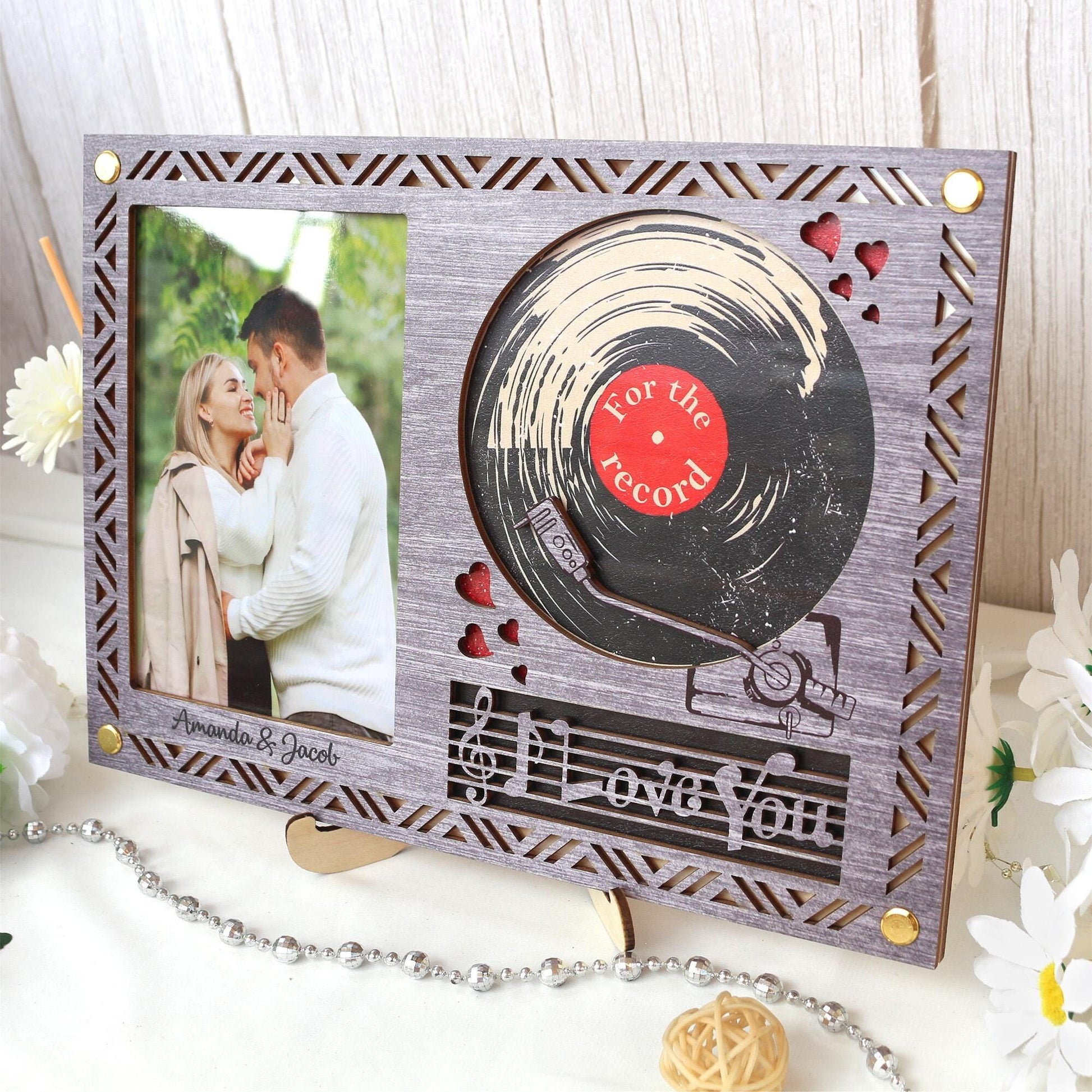 Wooden Picture Frame Personalized Photo Frame With Record Design, Unique Gift for Anniversary, Wedding Decor, Valentines Day