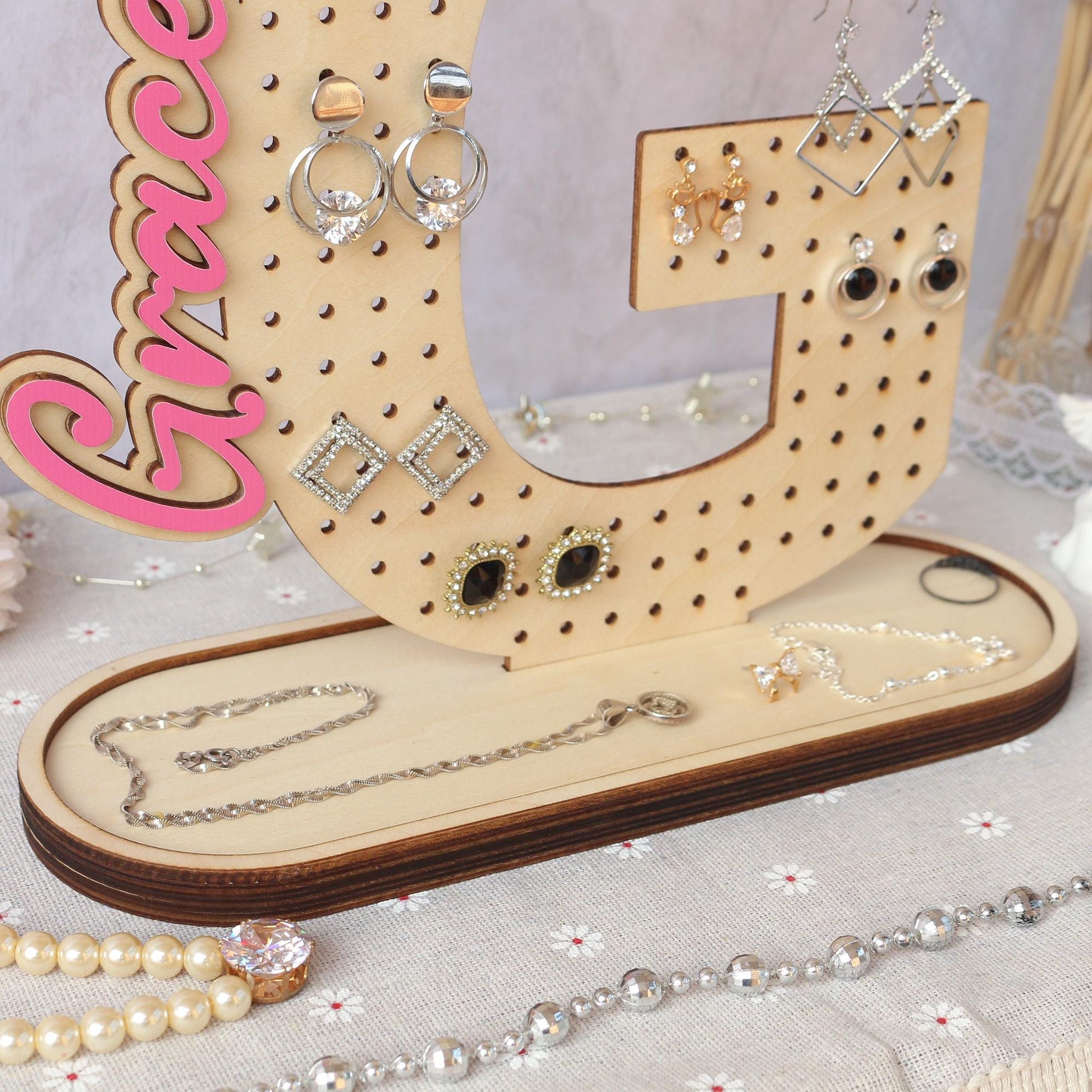 Wood Jewelry Organizer, Personalized Earring Holder, Wooden Jewelry Storage, Earring Display, Birthday Gift for Her, Gifts for Mom