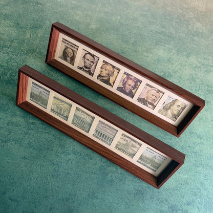 Vintage Wooden Cash Display Frame,6-Compartment Money Collector Box,Handmade Rustic Bill Holder (14.56"x4.13")
