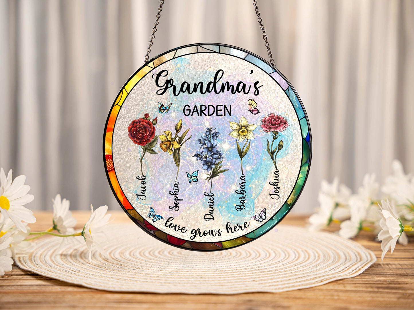 Custom Family Birth Flowers Stained Glass Suncatcher,Grandma Gift,Grandma's Garden,Mothers Day Gift For Mom,Flowers Glass Art,Window Hanging