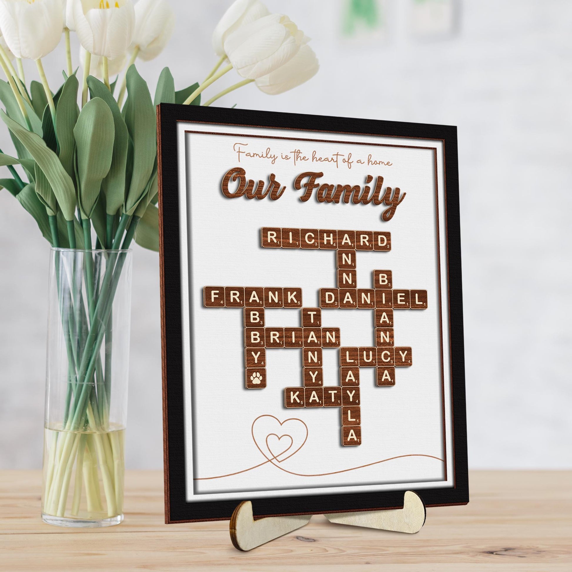 Grandma Gift,Personalised Family Scrabble Scrabble Frame"Family Is The Heart Of A Home",Grandkid Crossword Scrabble Wooden Sign,Gift For Mom
