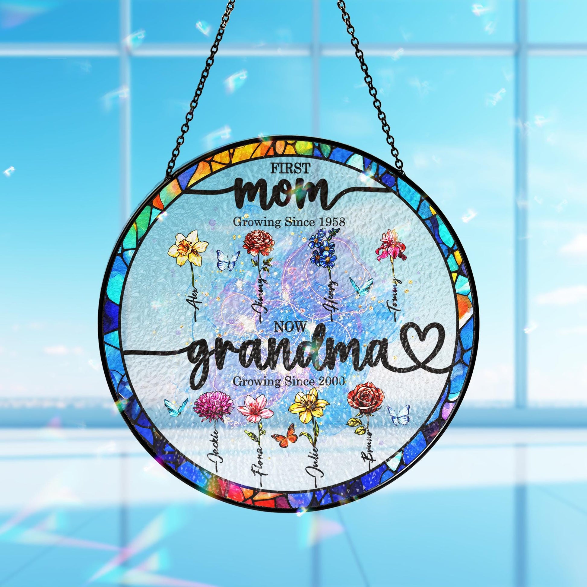 First Mom Now Grandma Stained Glass Suncather Personalized Birth Month Flower Window Hanging,Mother Day Gift,Gift for Mom,Grandma Home Decor