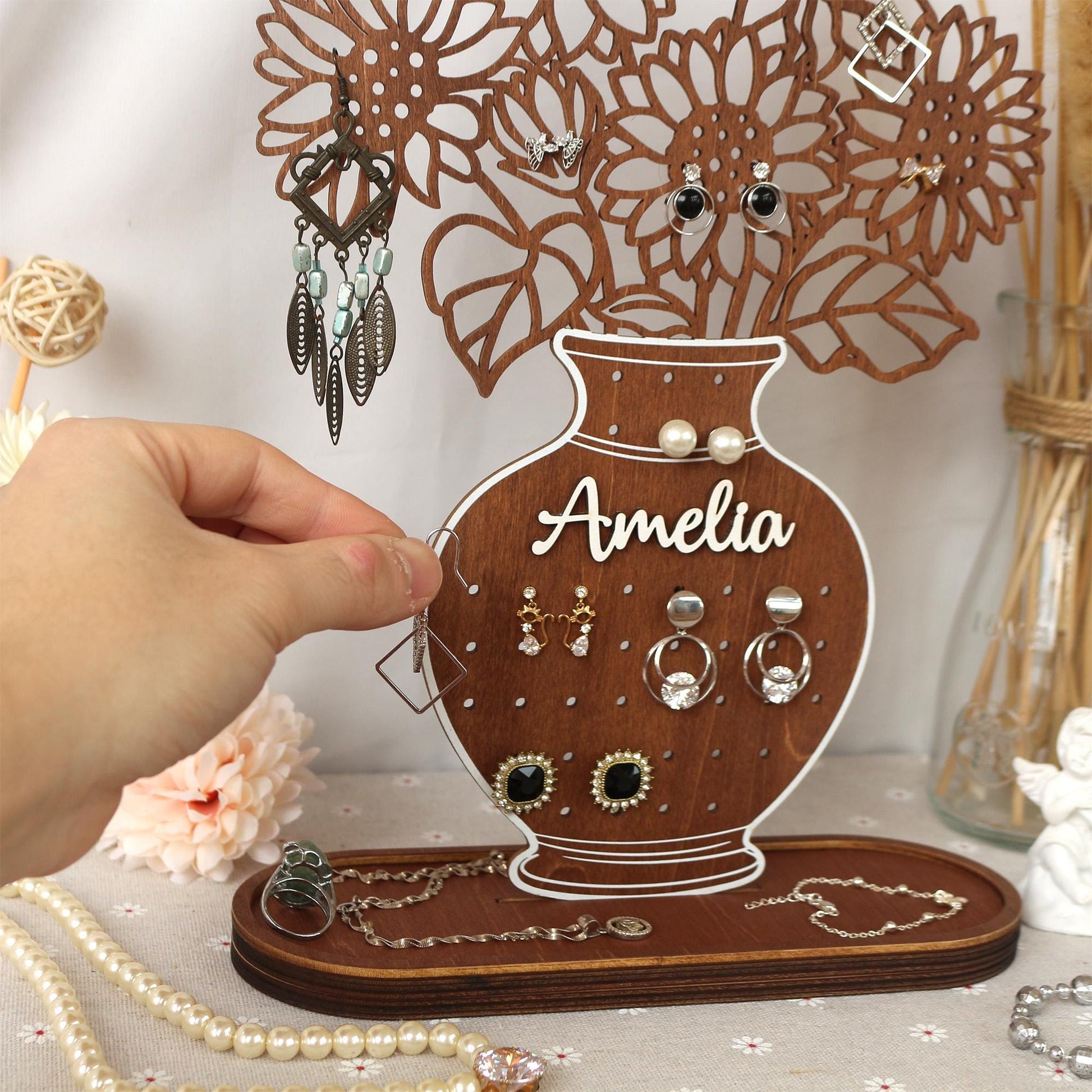 Jewelry Organizer Personalized Earring Stand Sunflower Jewelry Organization Earring Holder Birthday Gifts for Her Mothers Day Gifts