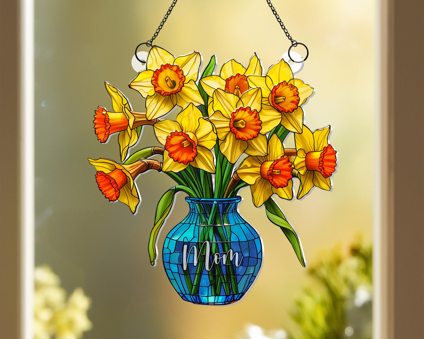 Everlasting Daffodils in Vase Stained Glass Suncatcher, Flowers Acrylic Window Hanging Art Decoration, Mothers day Gift for Mom, Nana Gift