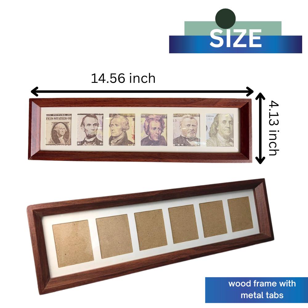 Vintage Wooden Cash Display Frame,6-Compartment Money Collector Box,Handmade Rustic Bill Holder (14.56"x4.13")
