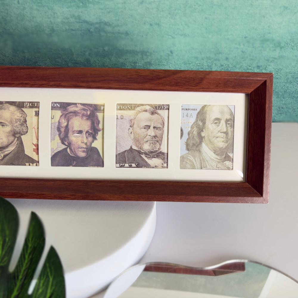 Vintage Wooden Cash Display Frame,6-Compartment Money Collector Box,Handmade Rustic Bill Holder (14.56"x4.13")