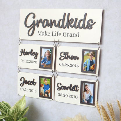 Grandchildren Sign with Photo Frame, Wooden Family Name Plaque, Grandkids Sign, Gift For Grandparent, Gift For Mom, Grandparents Plaque
