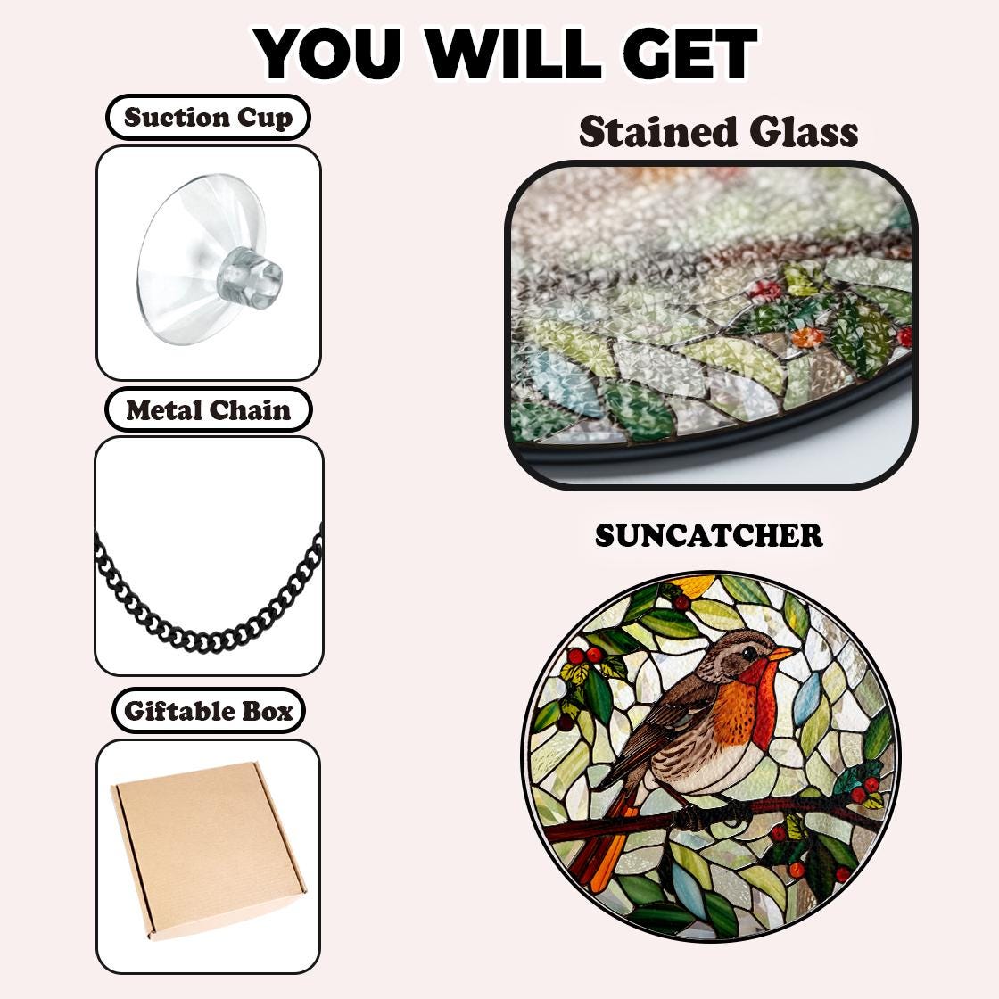 Robin Bird Stained Glass Suncatcher Decor Home,Bird Flower Natural Art,Bird Lovers Gift,Nature Inspired Gift,Anniversary Gift,Gift For Mom.