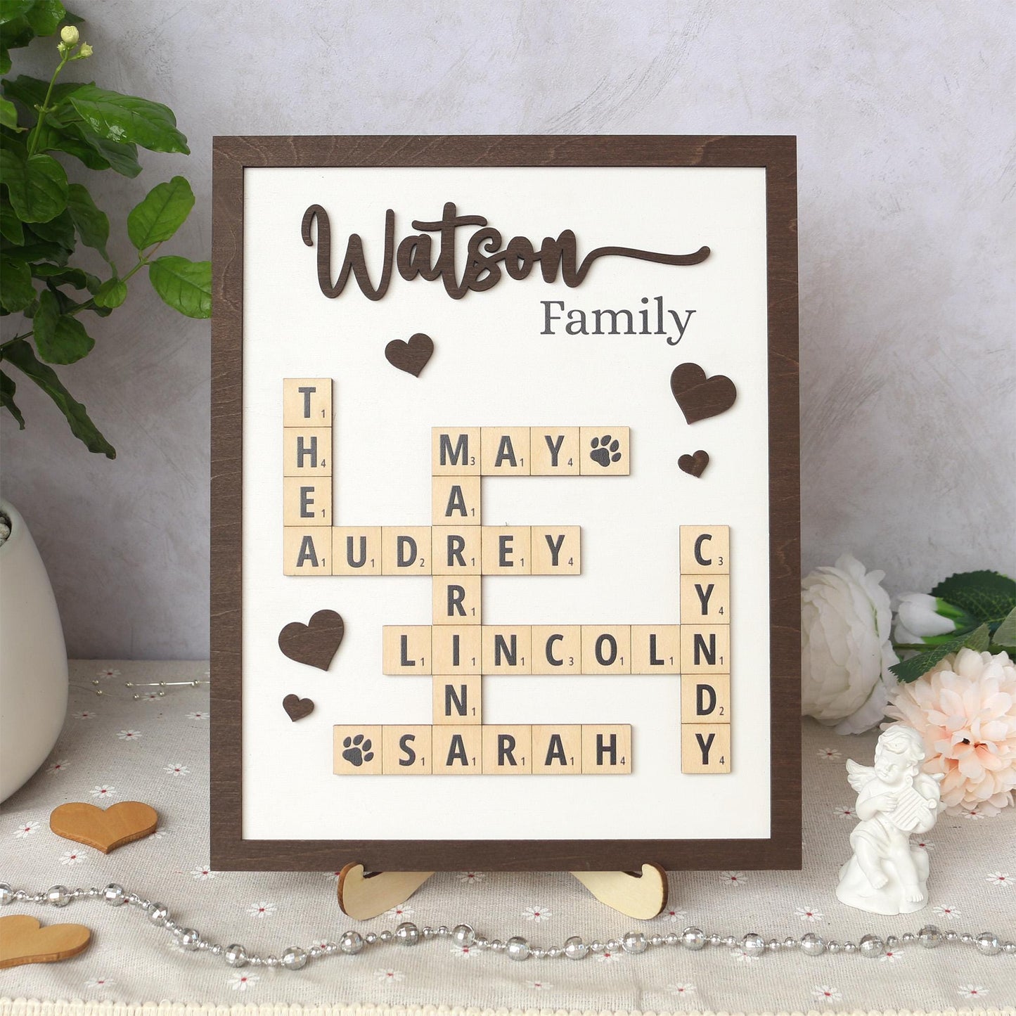 Personalized Scrabble Puzzle Sign, Custom Family Name Sign, Grandkids Crossword Scrabble Wooden Sign, Mothers Day Gift, Home Decor