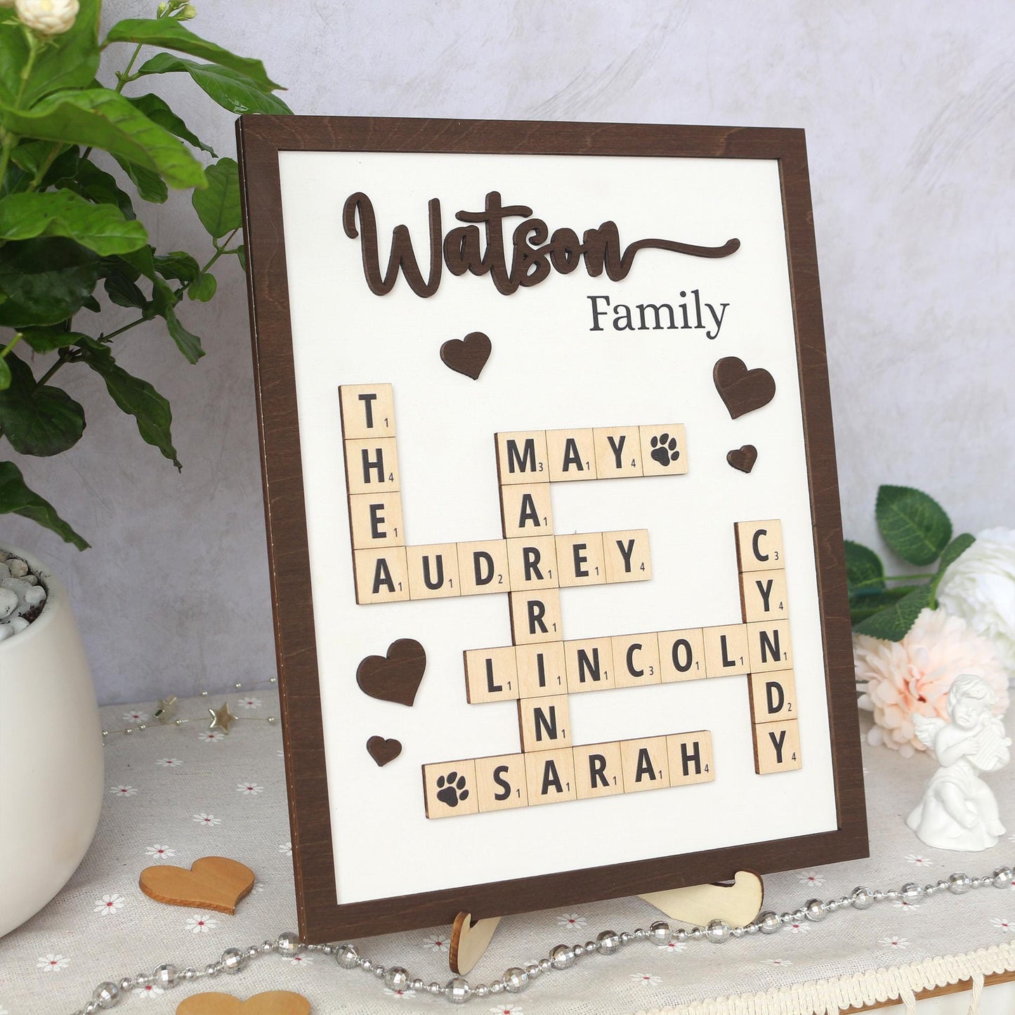 Personalized Scrabble Puzzle Sign, Custom Family Name Sign, Grandkids Crossword Scrabble Wooden Sign, Mothers Day Gift, Home Decor