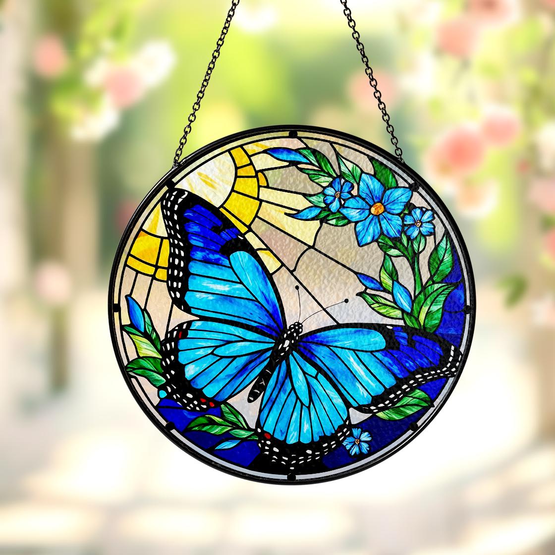 Blue Butterfly Stained Glass Suncatcher Window Hanging,Butterfly Lovers Flower,Insect Suncatcher,Nature Lovers Gift,Mother's Day,Home Decor