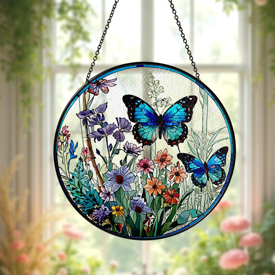 Butterfly Flowers Stained Glass Suncatcher Home Decor,Flowers Stained Glass Window Hanging,Butterfly Decor,Mother's Day,Nature Lover Gift