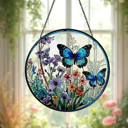 Butterfly Flowers Stained Glass Suncatcher Home Decor,Flowers Stained Glass Window Hanging,Butterfly Decor,Mother's Day,Nature Lover Gift