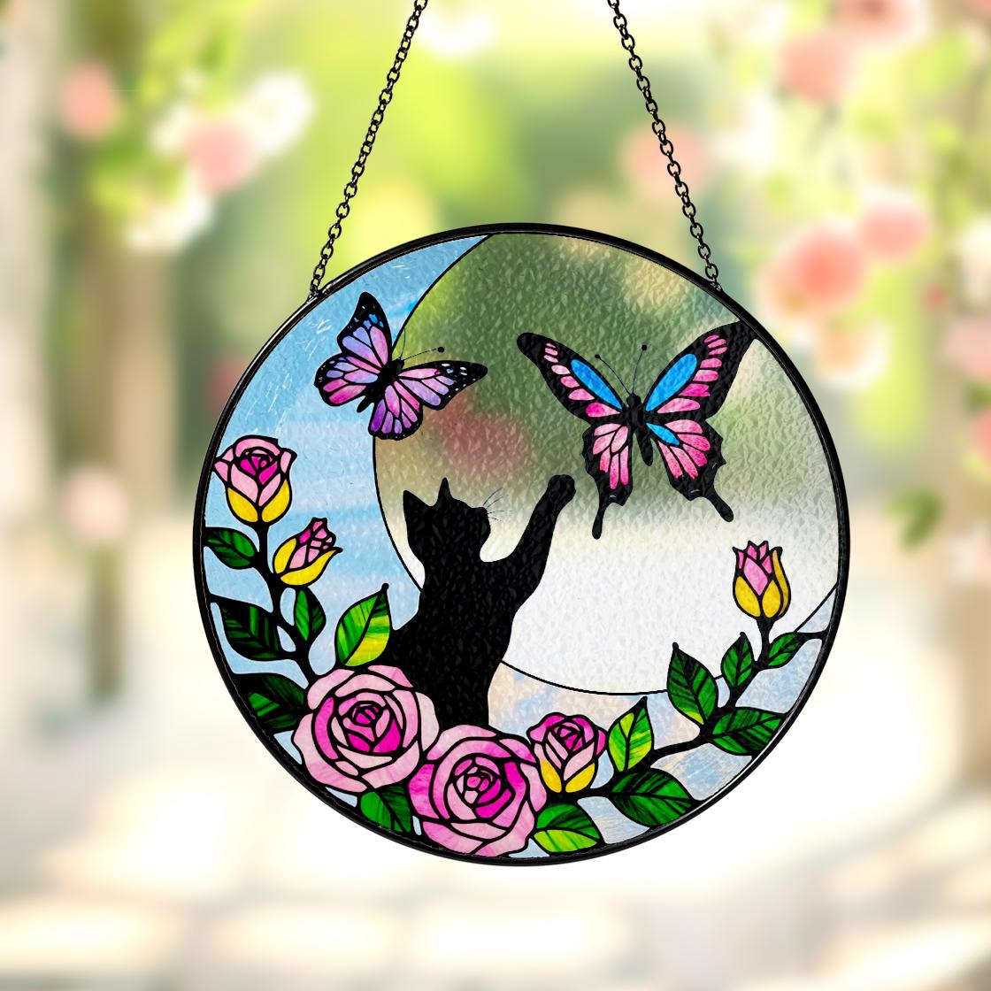 Black Cat Flower Butterfly Suncatcher,Pet Memorial Stained Glass Suncatcher,Loss Of Pet Sympathy,Windows Hangings,Home Decor For Cat Lovers,