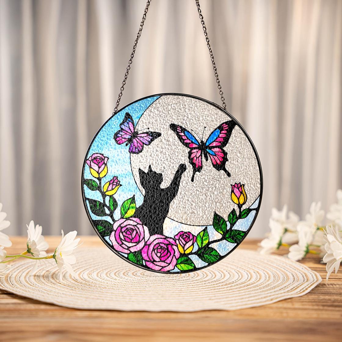 Black Cat Flower Butterfly Suncatcher,Pet Memorial Stained Glass Suncatcher,Loss Of Pet Sympathy,Windows Hangings,Home Decor For Cat Lovers,